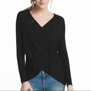 WHBM Cross Front Faux Wrap Tassel Black Sweater